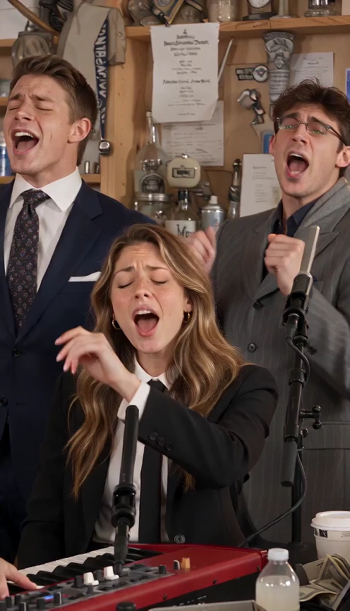 AI-generated seated singer and two backing singers performing in a desk concert